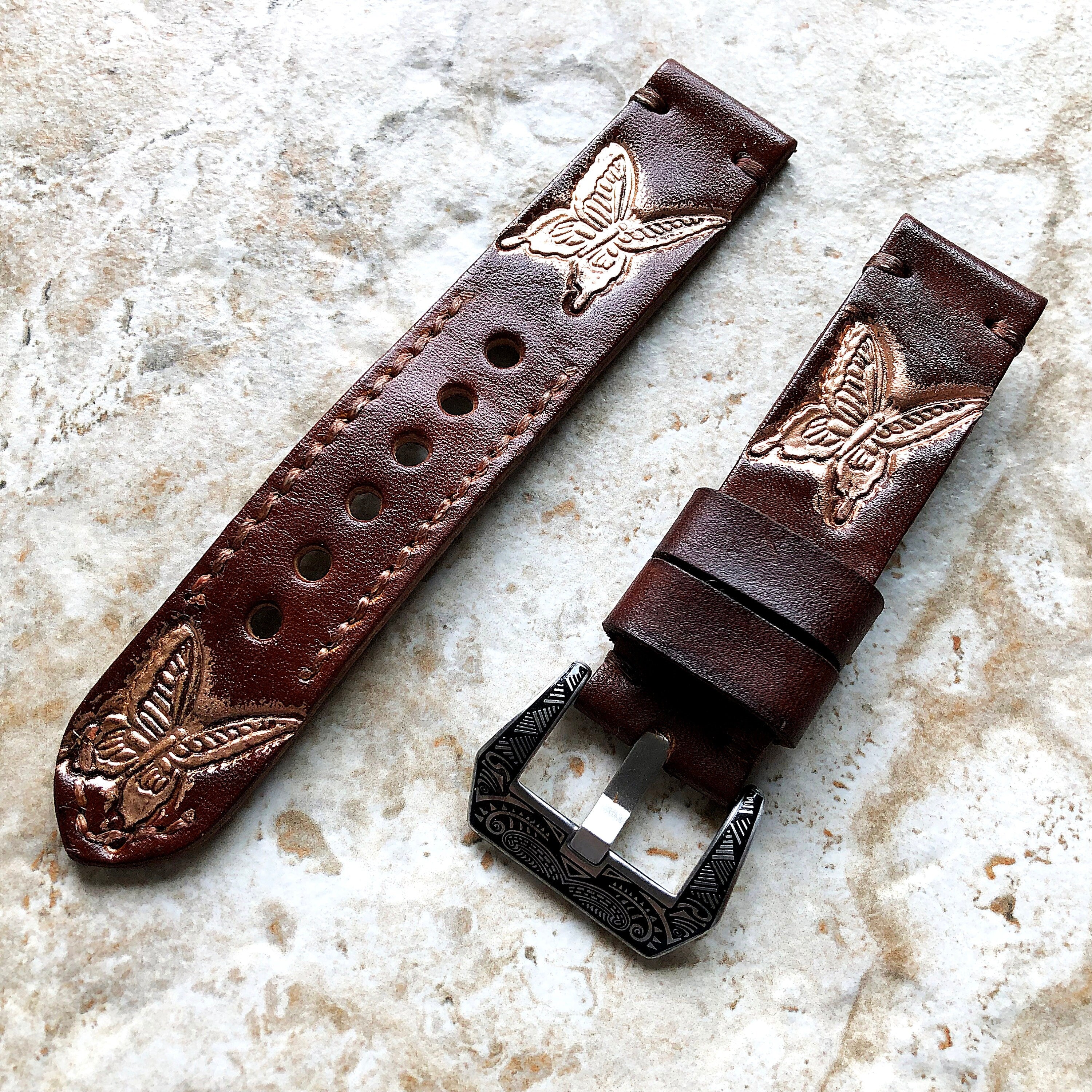 Monarch Butterfly Band 22mm 24mm 25mm Compatible with Apple Watch Fitbit Versa 2 3 4 Sense 2 Ionic Accented Embossed Leather Handmade Strap